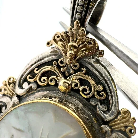 Designer Konstantino 925 Sterling Silver 18k Gold Mother of Pearl Cross Pendant - Picture 8 of 12